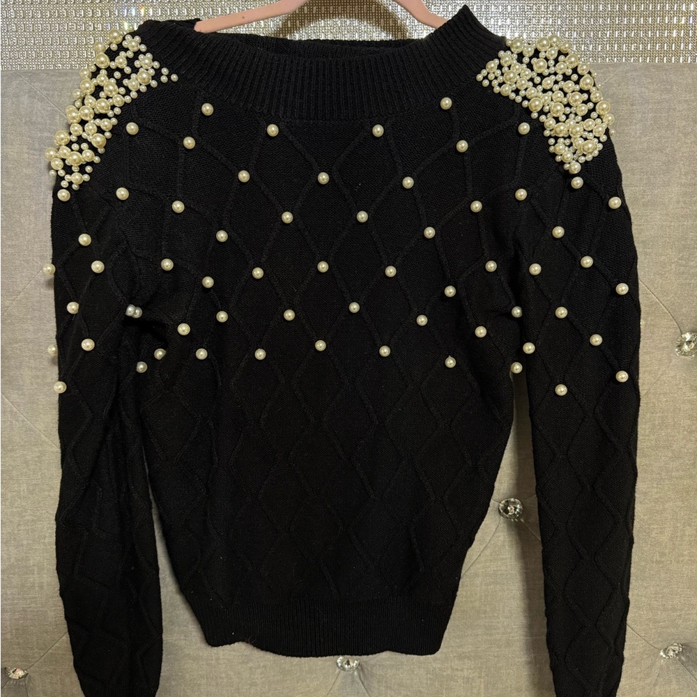 SHEIN Black Sweater with Pearl Embellishments